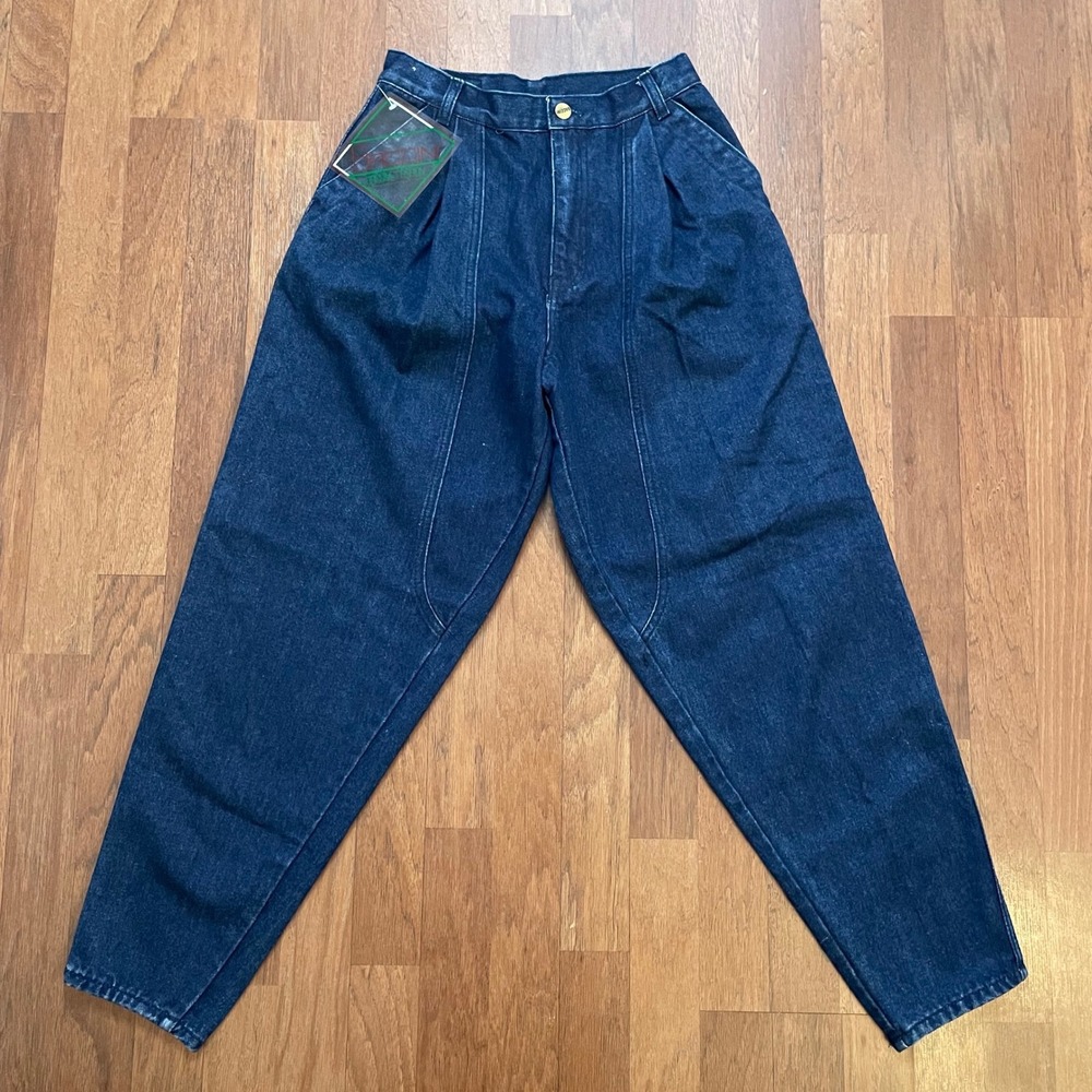 Baccini Fashion Stone-Aged Vintage Pleated High Waist Tapered Denim Jeans Blue 8
